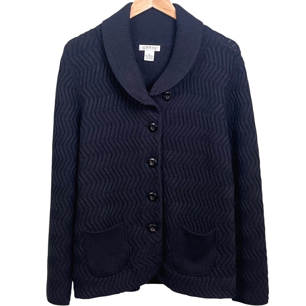 Orvis Black 100% Lambs Wool Button Down Sweater Cardigan Medium Woman's
